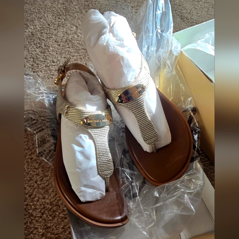 Michael Kors Pale Gold MK Plate Flat Sandals